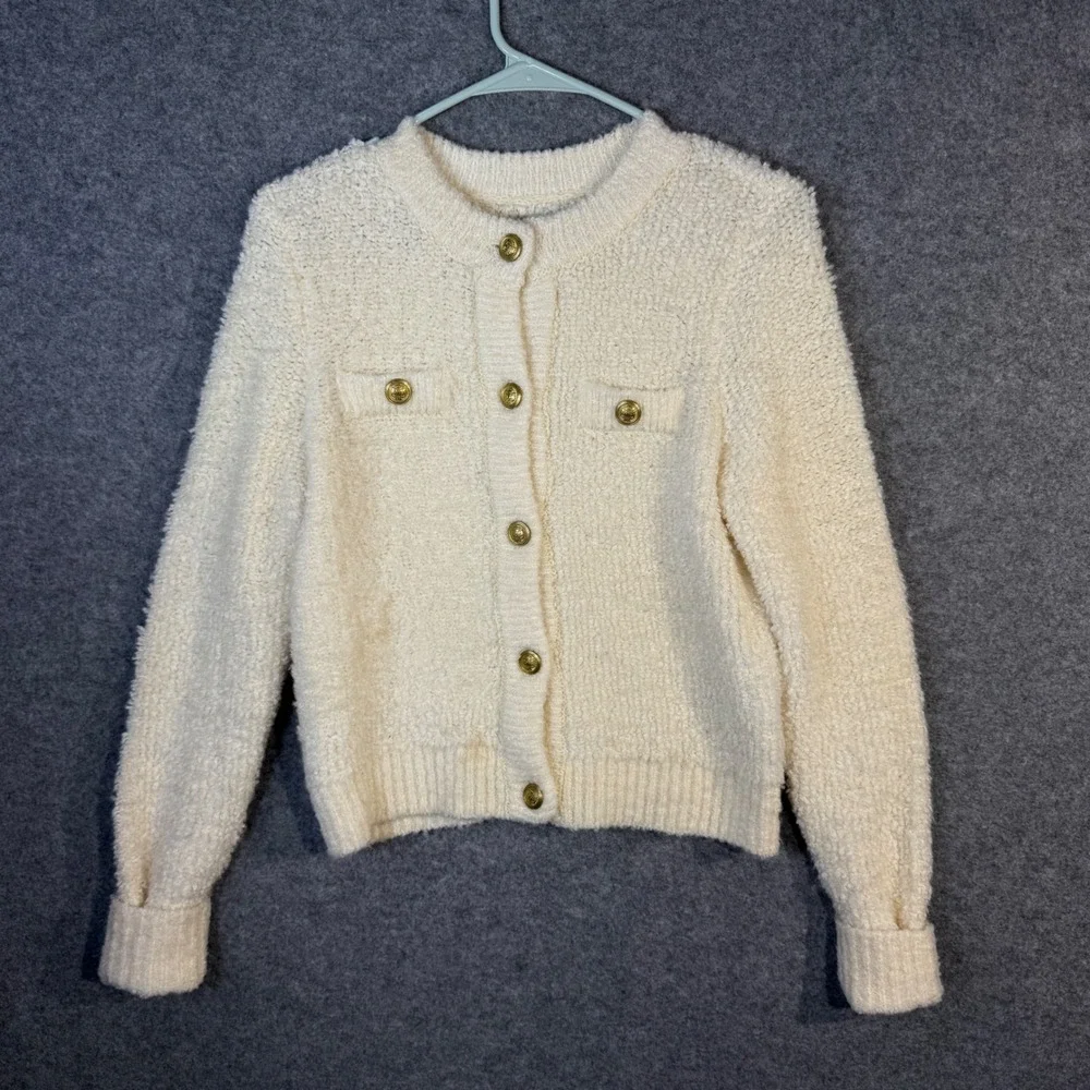American Eagle Cream Fuzzy Gold Button Front Cardigan‎ Sweater XS Petite